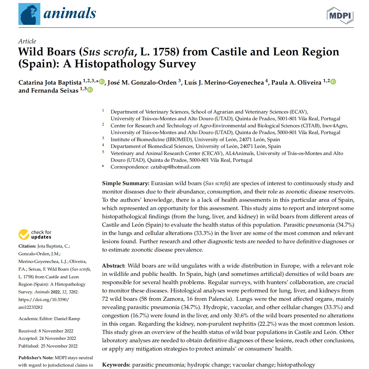 Wild Boars (Sus scrofa, L. 1758) from Castile and Leon Region (Spain): A Histopathology Survey